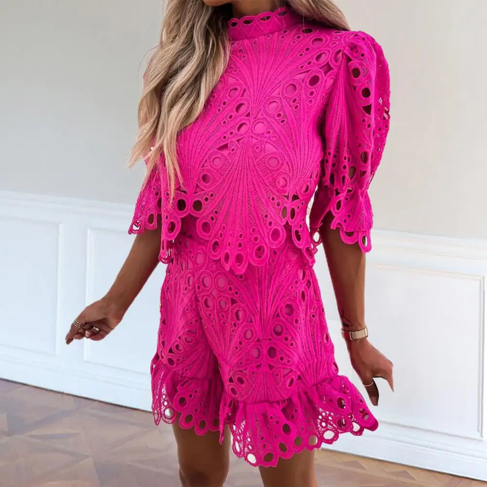 Top Trends: Women Outfit Solid Color Laciness Flare Sleeves Hollow Out Top Shorts Outfits Elegant Lace T-shirt Shorts Set Women's Clothing Shoppable Styles - Image 3