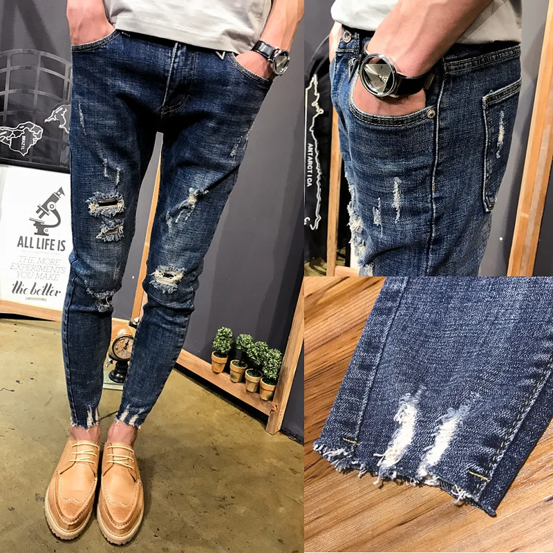 Top Trends: Wholesale 2022 Teenagers Denim Pants Beggar Men&#039;s Slim-fit Small Feet Frayed Jeans Male Stretch Social Spirit Guy Pencil Pants Shoppable Styles