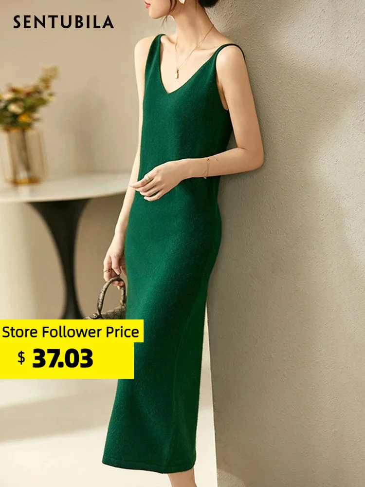 Top Trends: Sentubila Long Knitted Dress For Women 2023 Simple Soft V Neck Sundress Female Sleeveless Wool Knit Autumn Dresses W23L44372 Shoppable Styles