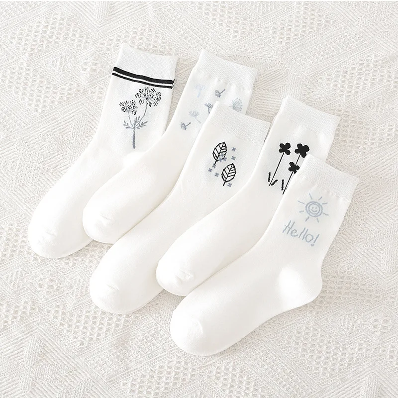 Top Trends: Autumn And Winter White Leaf Socks Women's Versatile Medium Tube Cotton Socks Ins Fashion Cartoon Student Cotton Women's Socks Shoppable Styles