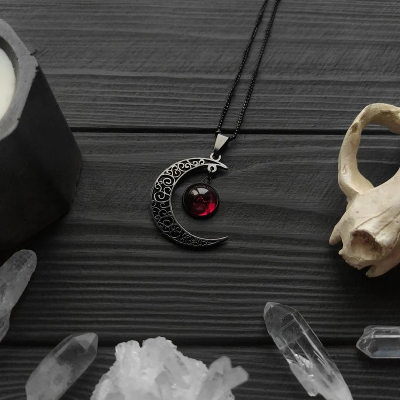 Top Trends: Goth Crescent Moon Necklace Dark Style Red Moon Pendant Wiccan Witch Style Macabre Amulet Halfmoon Luna Handmade Jewelry Women Shoppable Styles