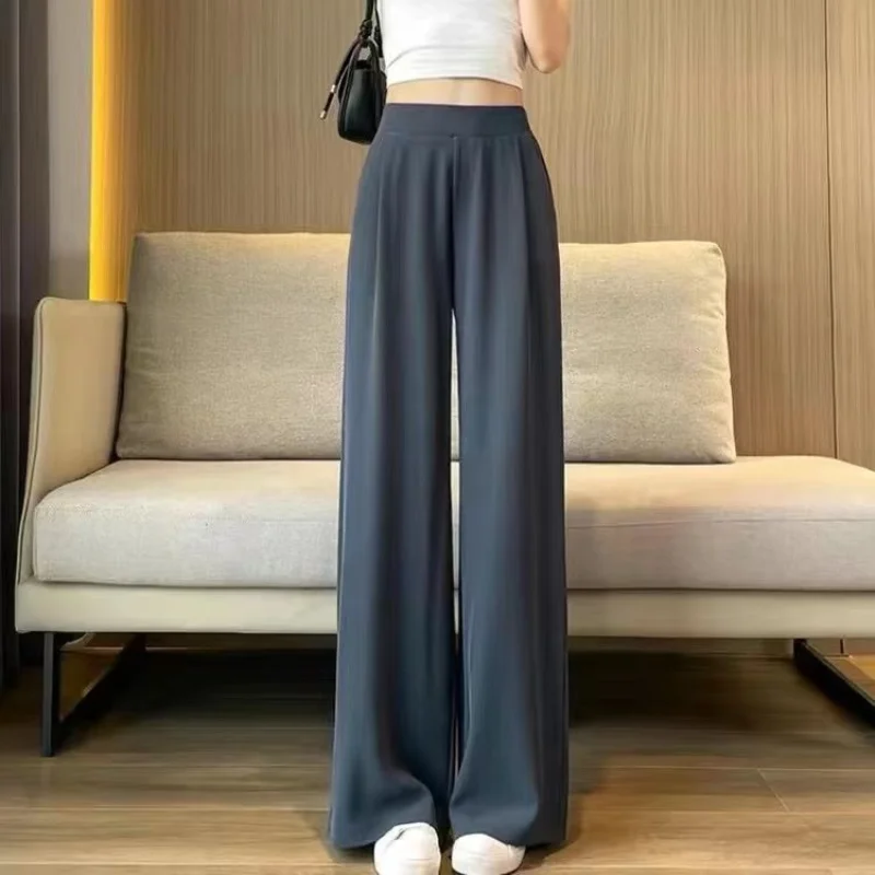 Top Trends: Women Summer Korean New Ice Silk High Waist Elastic Pants Fashion Temperament Pocket Solid Color Large Versatile Wide Leg Pants Shoppable Styles