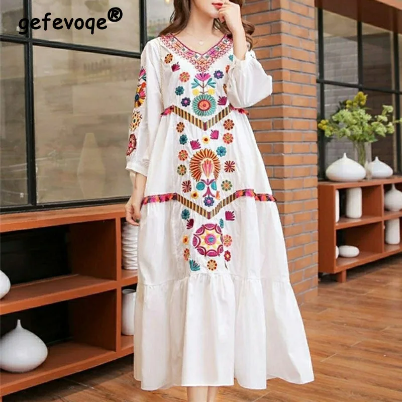 Top Trends: Boho Vintage Ethnic Style Embroidery Cotton Linen Long Dresses For Women 2023 Summer Trendy Fairy Loose Beach Holiday Dress Robe Shoppable Styles