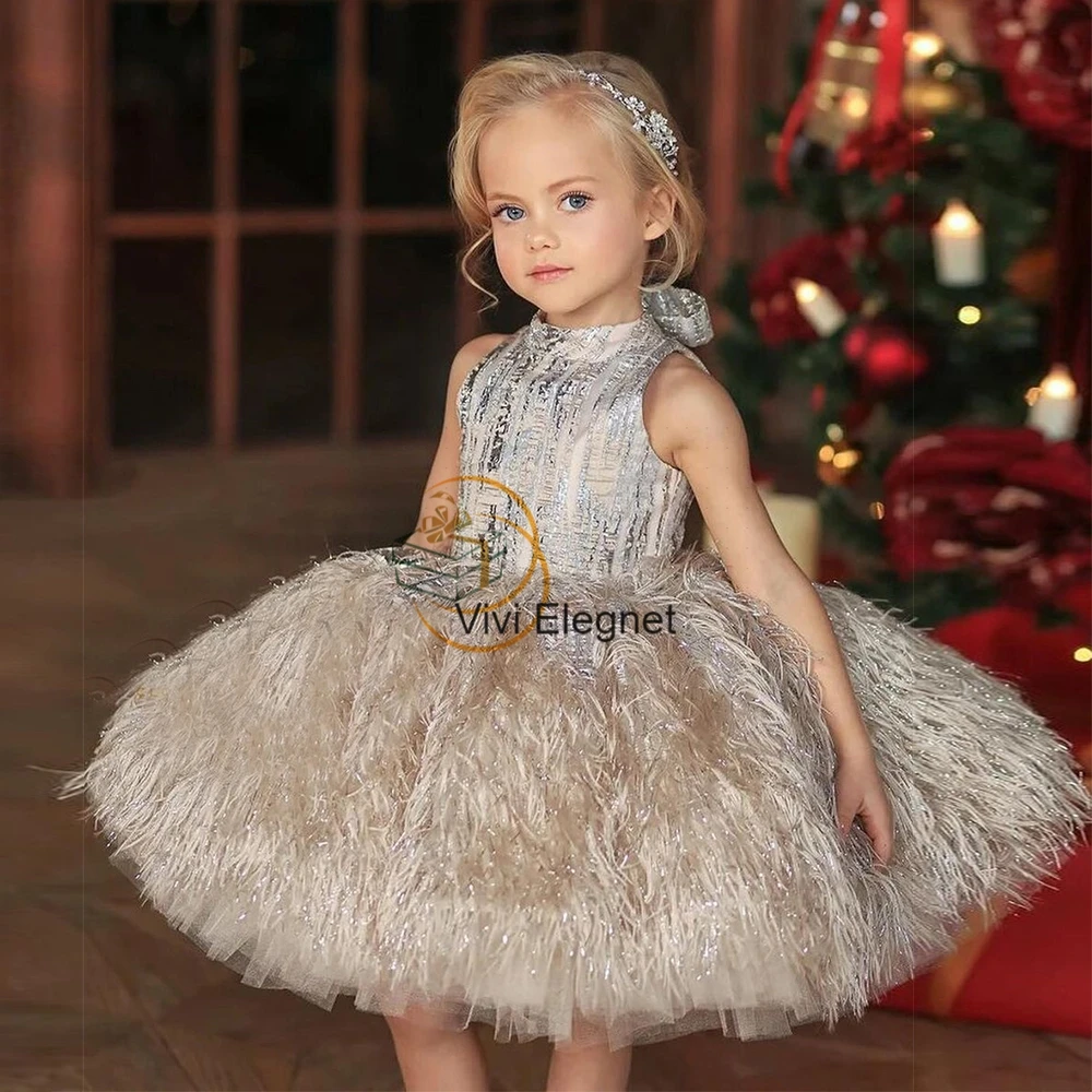 Top Trends: Tiered Champagne Flower Girl Dresses With Sequined Feather 2023 Summer New Sleeveless Wedding Party Gowns For Baby فساتين اطفال Shoppable Styles