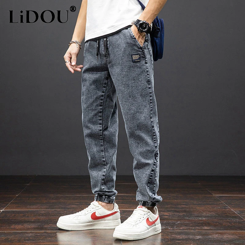 Top Trends: 2023 Spring Summer New Solid Color Cowboy Pencil Pants Man Elastic Waist Drawstring Pockets Fashion Casual Street Haren Trousers Shoppable Styles