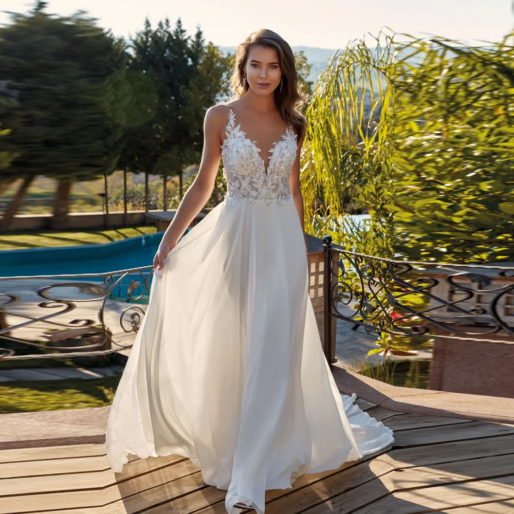 Top Trends: Elegant Chiffon Wedding Dresses V Neck Sleeveless Bridal Gowns Backless Appliques Beads Sweep Train A-Line свадебное платье 2023 Shoppable Styles