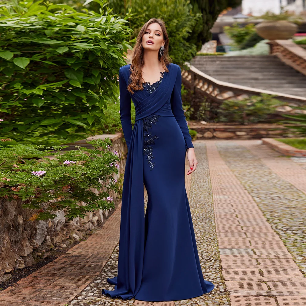 Top Trends: Elegant Navy Blue Mermaid Mother Of The Bride Dresses V Neck Long Sleeves Wedding Party Gowns Appliques Sequined Floor-Length Shoppable Styles