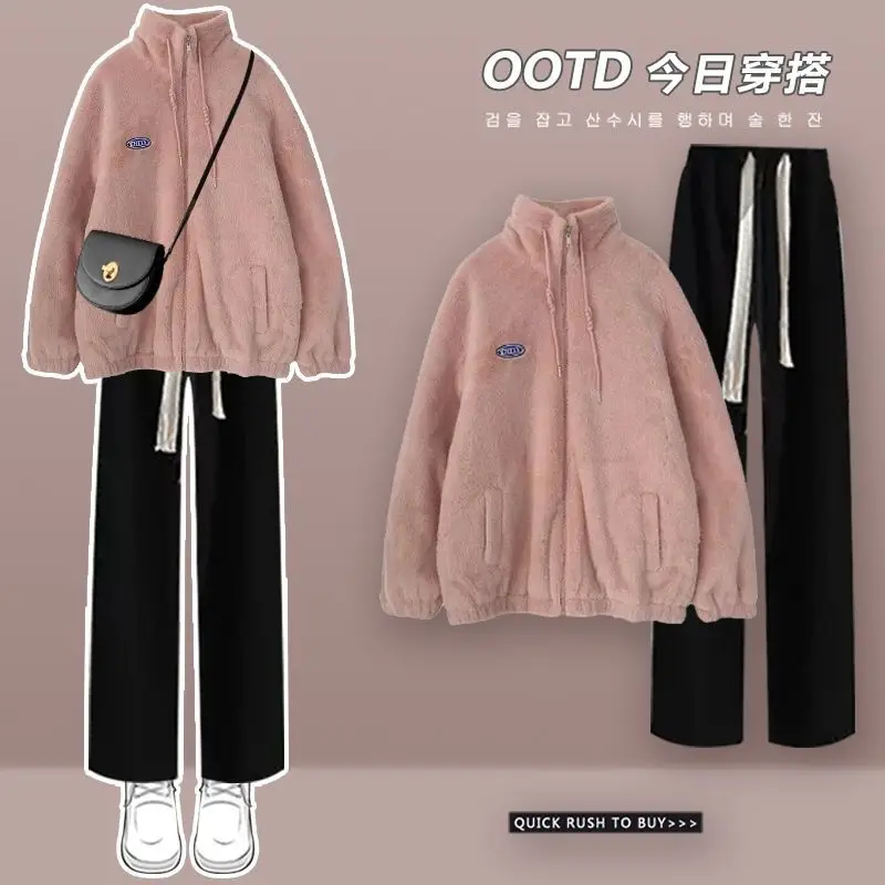 Top Trends: Korean Fashion Casual Set Women's Autumn And Winter Thickened Loose Lamb Wool Coat Wide Leg Pants Two Piece Set Winter Clothes Shoppable Styles - Image 5