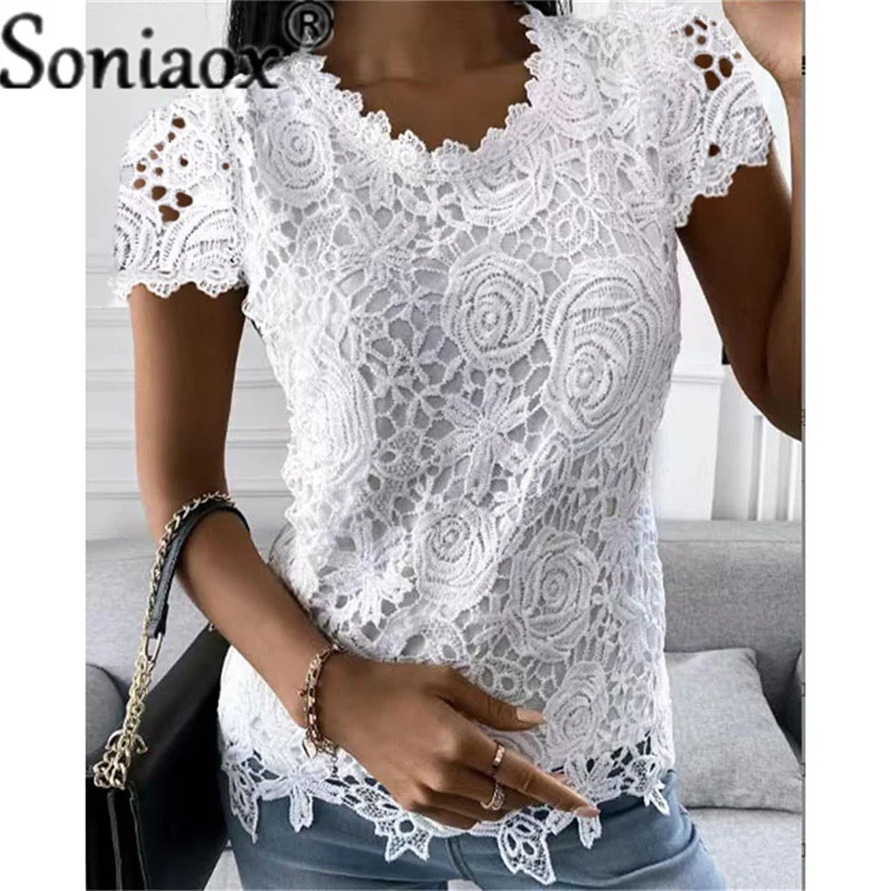 Top Trends: Summer Elegant New Lace Splicing Shirt Women's Fashion O Neck Solid Color Short Sleeve Tops Slim Party Pullover OL Shirt Blouse Shoppable Styles