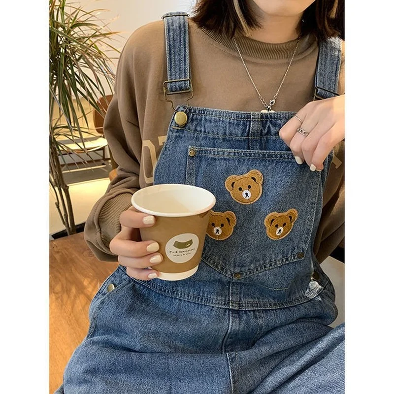 Top Trends: New Cartoon Bear Denim Jumpsuits Women Y2K Baggy Overalls Female Vintage Loose Straight Wide-leg Jumpsuit One Piece Outfit Shoppable Styles