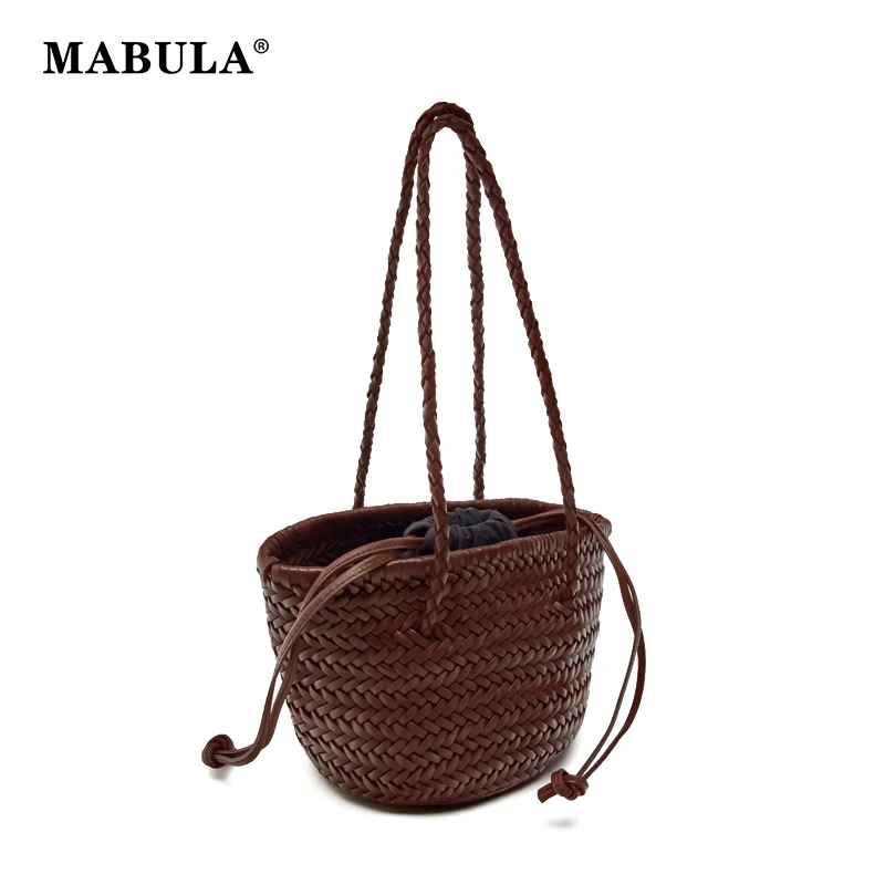 Top Trends: MABULA Vegant Leather Woven Tote Bag For Women Classical Handwoven Drawstring Shoulder Shopper Purse Big Capacity Beach Handbag Shoppable Styles