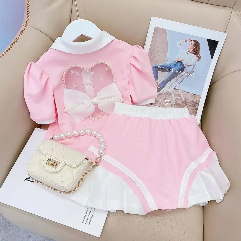 Top Trends: Kids Girls Luxury 2Pcs Sets Pearl Decoration Heart Princess Clothes Short Sleeve Top And Pleated Skirts Junior Outfit Loungewear Shoppable Styles