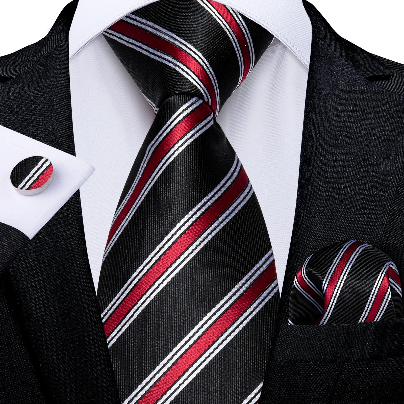 Top Trends: Luxury Designer Red Striped Black Silk Tie Set Hanky Cufflinks Wedding Men Accessories Gift For Men Dropshipping Shoppable Styles