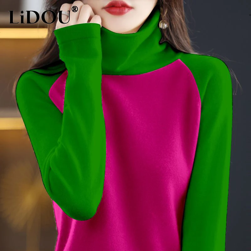 Top Trends: Autumn Winter High Collar Contrast Color Casual Sweater Ladies Streetwear Fashion All-match Bottoming Jumpers Women Knitting Top Shoppable Styles