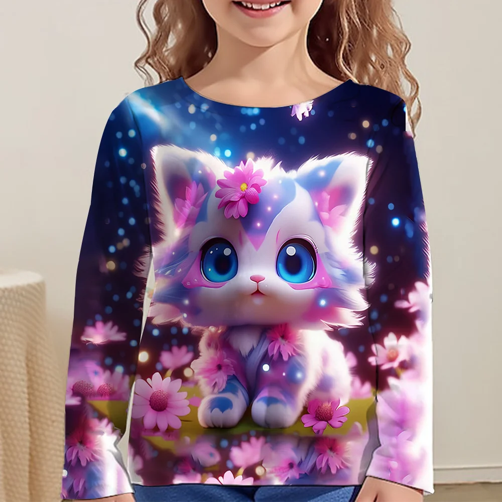 Top Trends: Children Girly Clothes From 10 To 14 Years Cat Long Sleeve Tops For Girls T-Shirts Kids Tshirt Colorful Tee Shirt Korean Autumn Shoppable Styles