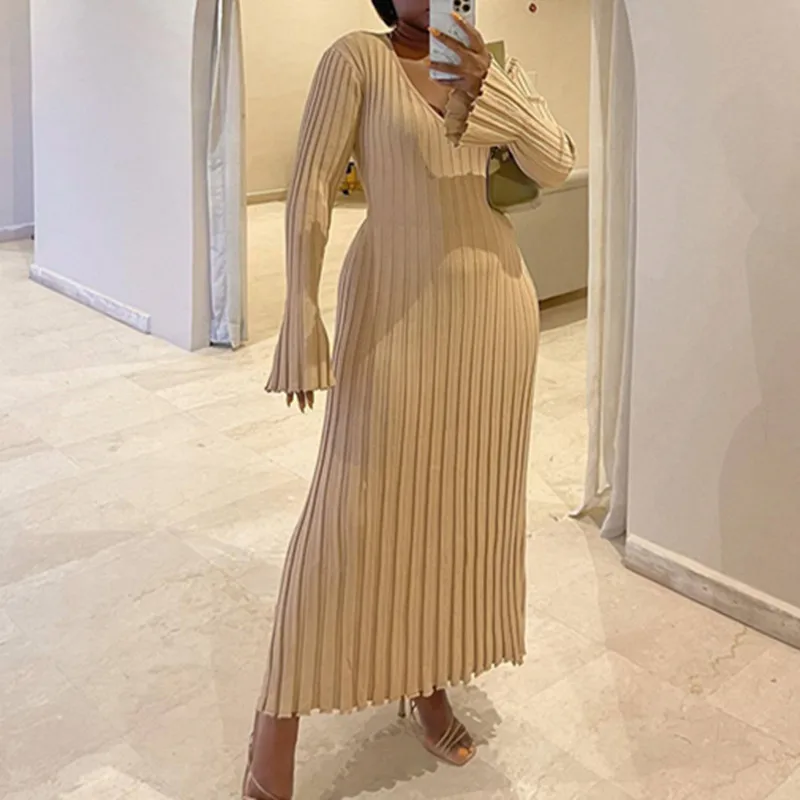 Top Trends: 2023 Autumn And Winter Women's New Fashion Commuter Thread Knitted Dress Casual Waist V-Neck Large Pit Knitted Long Dress Shoppable Styles