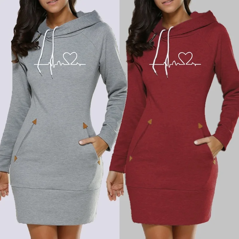 Top Trends: Women Hoodie Dress Sweatshirt Pullover Dress Autumn Winter ECG Printed Cotton Long Sleeve Slim Pocket Hoodie Dress S-3XL Shoppable Styles