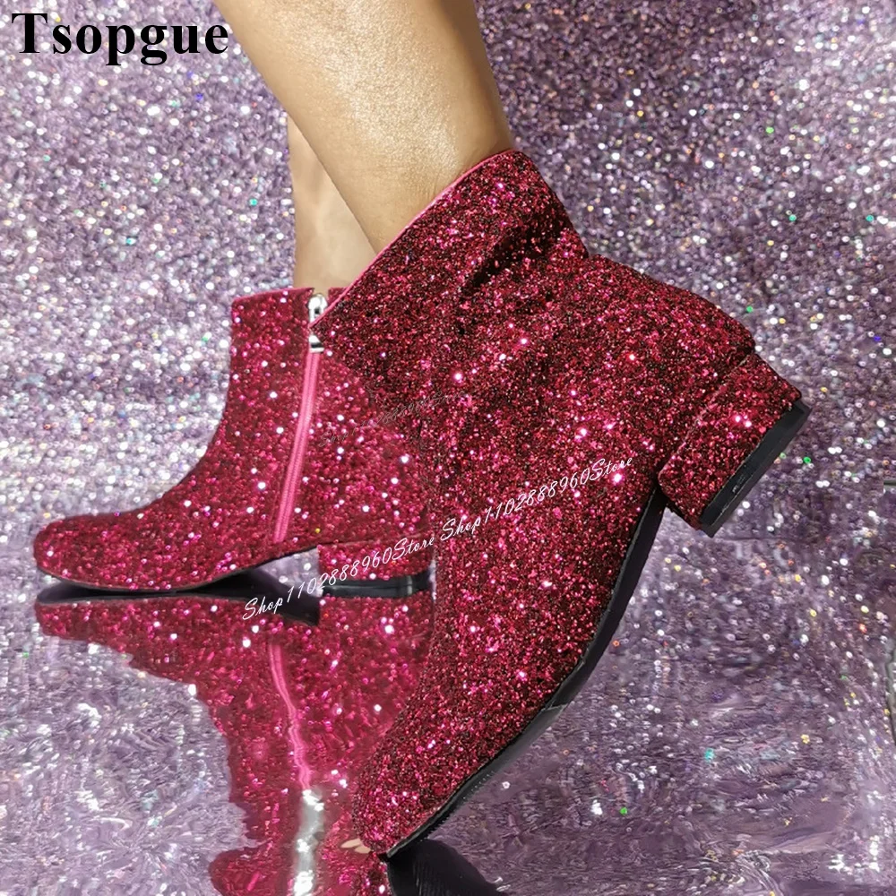 Top Trends: Plus Size Western Rose Red Glitter Ankle Boots Low Heel Thick Heel Women Shoes Side Zipper Round Toe 2023 Zapatos Para Mujere Shoppable Styles