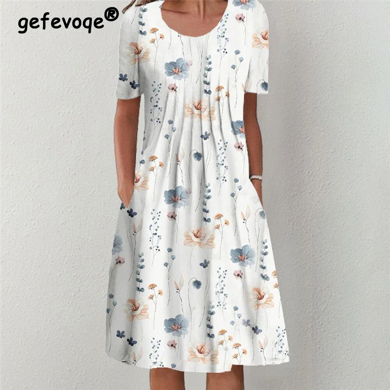 Top Trends: 2023 Women Vintage Print Ruffle Pocket Beach Midi Dress Summer Fashion O Neck Short Sleeve Oversized Streetwear Dresses Vestidos Shoppable Styles