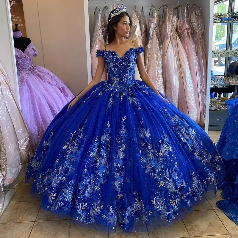 Top Trends: Royal Blue Sequined Beading Off The Shoulder Quinceanera Dresses Ball Gown Handmade Flowers Crystal Corset Sweet 15 Party Wear Shoppable Styles