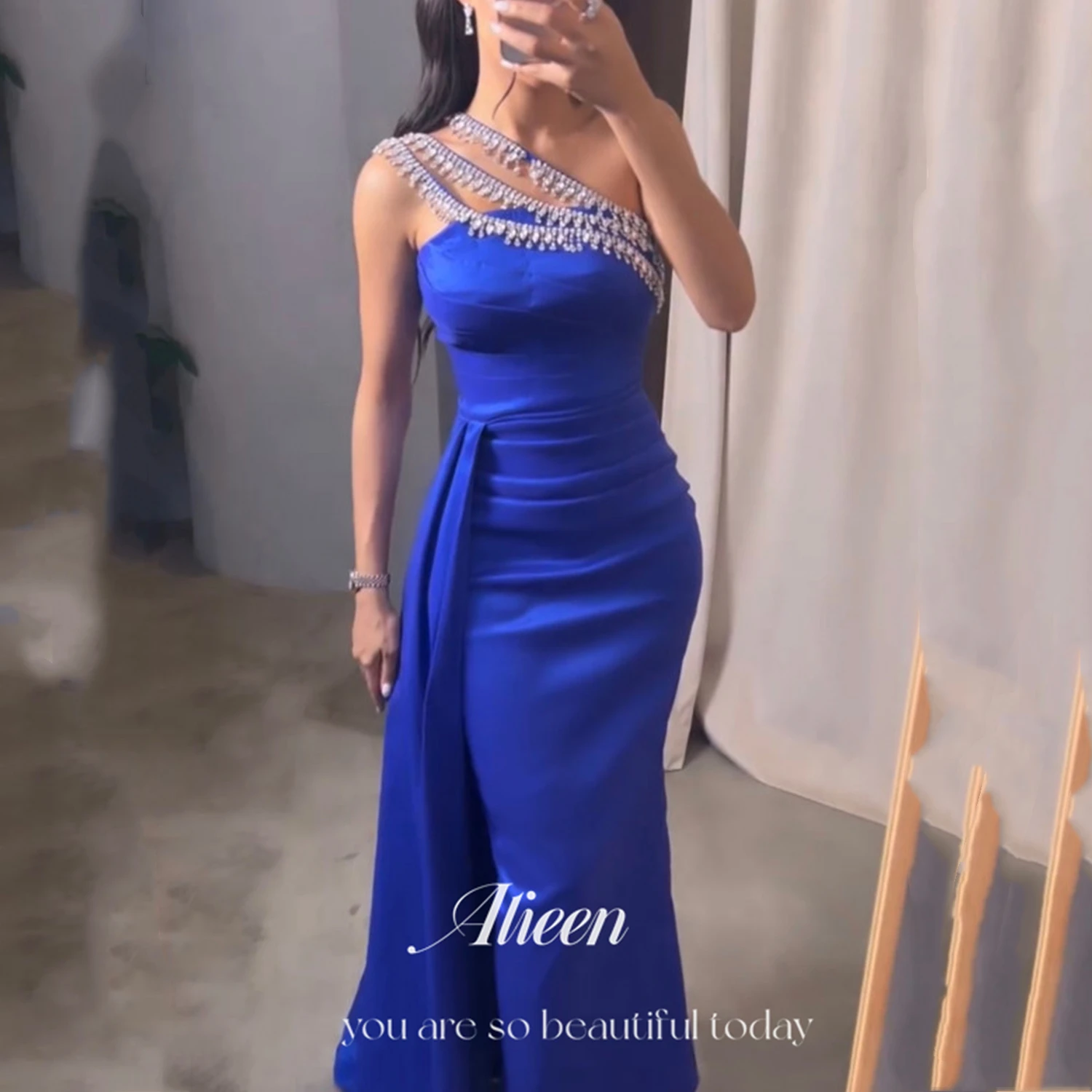 Top Trends: Aileen Satin Guest Wedding Party Dress Women Elegant Luxury Evening Dresses 2023 Blue Fishtail Arab Reunion Festival Ball Gown Shoppable Styles