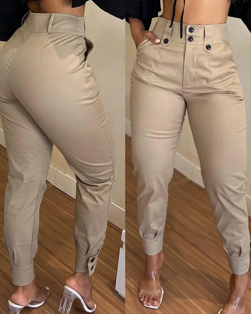 Top Trends: Button Pockets Solid Color Pencil Pants Women's High Waist Khaki Casual Trousers 2023 Summer New Fashion Streetwear Long Pants Shoppable Styles