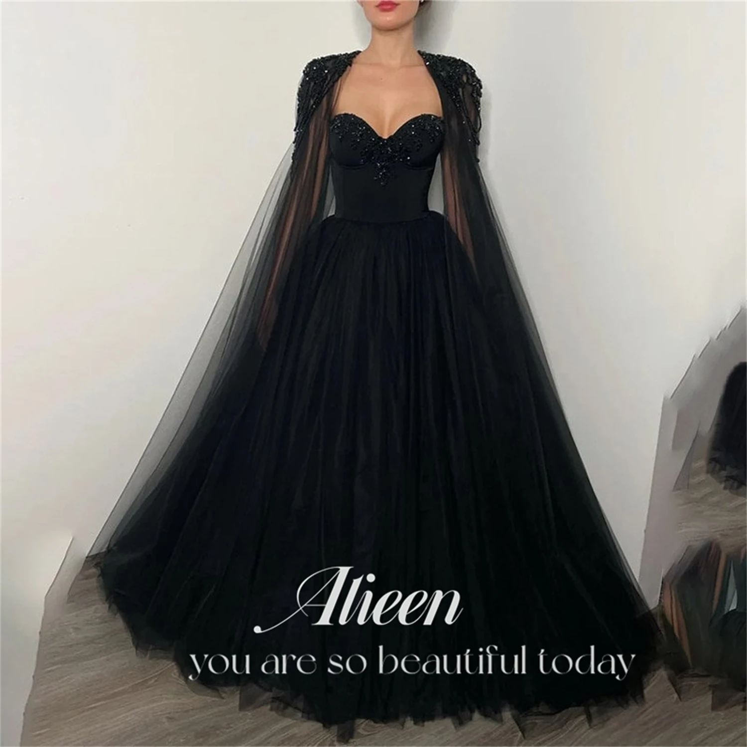 Top Trends: Aileen Gothic Black Vestido De Novia Beading Cape Sleeve Prom Gown Sexy A-line Prom Dress Lace Embroidery Sweetheart فستان سهرة Shoppable Styles