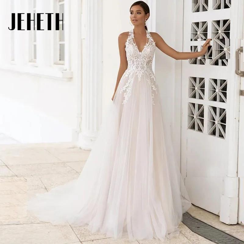 Top Trends: JEHETH Beach A Line Sleeveless Wedding Dress 2023 New Lace Halter Appliques Tulle Bridal Gown Sweep Train Vestido De Noiva Shoppable Styles