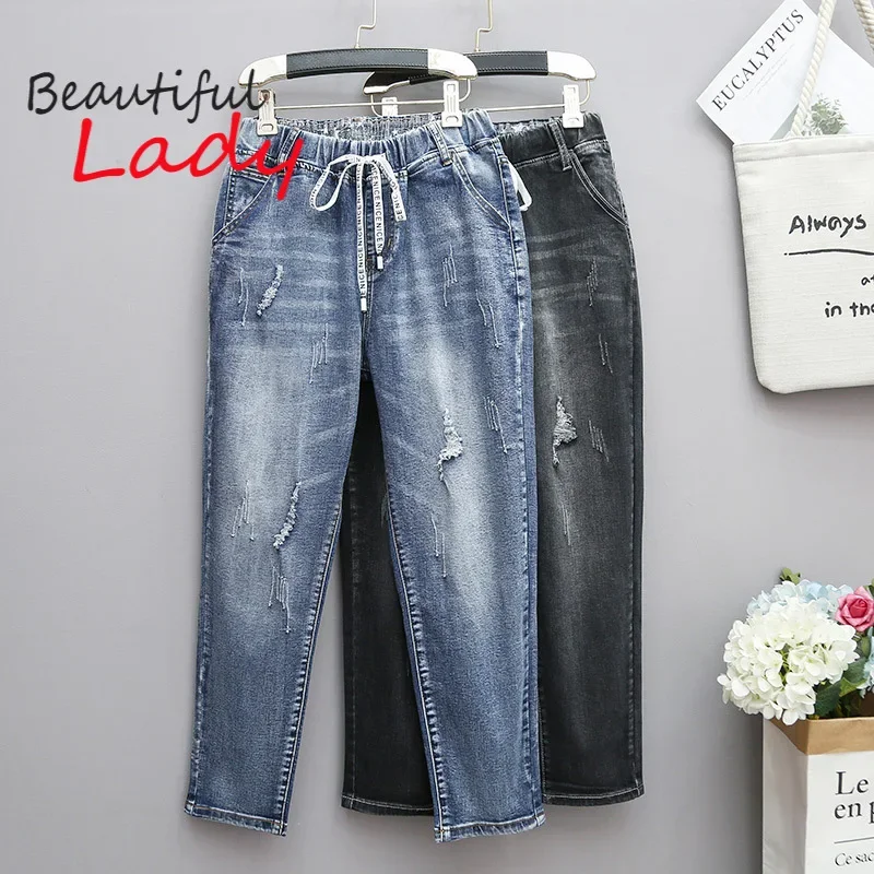 Top Trends: Large Size Baggy Jeans Woman High Waist Loose Harem Pants Elastic Cotton Denim Pants Women Denim Jeans Mom Ripped Jeans Shoppable Styles