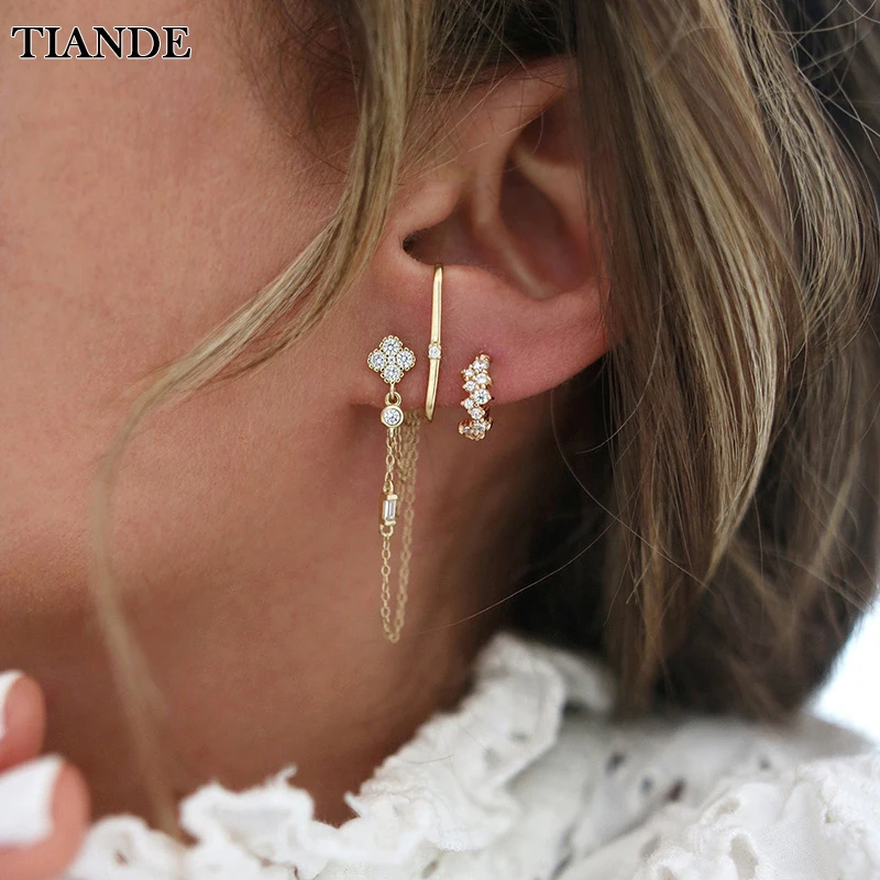 Top Trends: TIANDE Gold Plated Double Chain Dangle Earrings For Women Zircon Piercing Ear Stud Hoop Earrings 2022 Trendy Jewelry Accessories Shoppable Styles