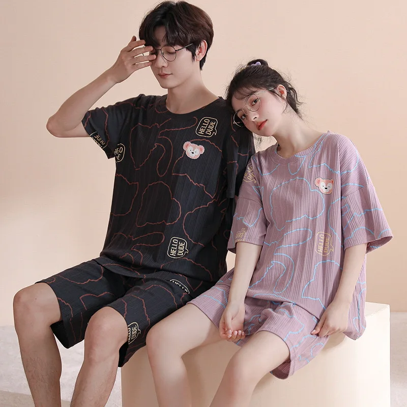 Top Trends: Cotton Couples Pajamas Set For Men Women Summer Short Sleeves Sleep Top & Shorts Homewear Female Male Night Clothing Hombre Shoppable Styles - Image 4