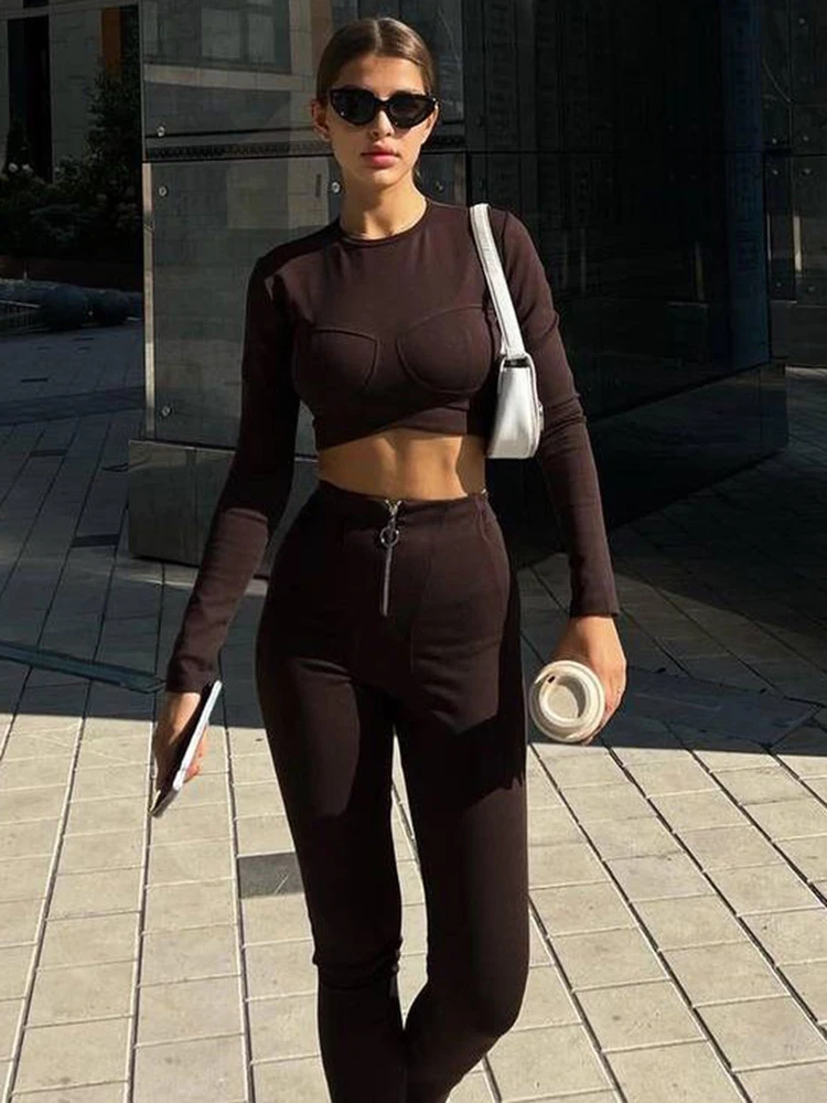 Top Trends: Articat Autumn / Winter Long Sleeved Pants Tight Zipper Two Piece Crop Top Women Elastic Casual Fashion Set Female Street Clothing Shoppable Styles - Image 5