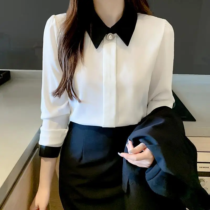 Top Trends: Fashion Lapel Spliced Button Oversized Chiffon Shirt 2022 Autumn New Casual Tops Elegant Women&#039;s Clothing Office Lady Blouses Shoppable Styles