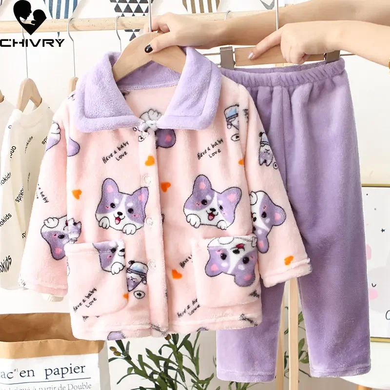 Top Trends: New Kids Boys Girls Autumn Winter Flannel Pajama Sets Cute Cartoon Long Sleeve Lapel Tops With Pants Baby Sleepwear Clothing Shoppable Styles