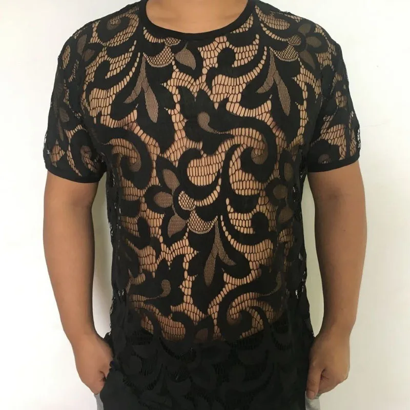 Top Trends: 2023 Sheer Mesh Clothes Summer Men&#039;s Round Neck Lace Personality Elastic Tops Fashion Slim Ice Silk Fabric T-shirt Shoppable Styles