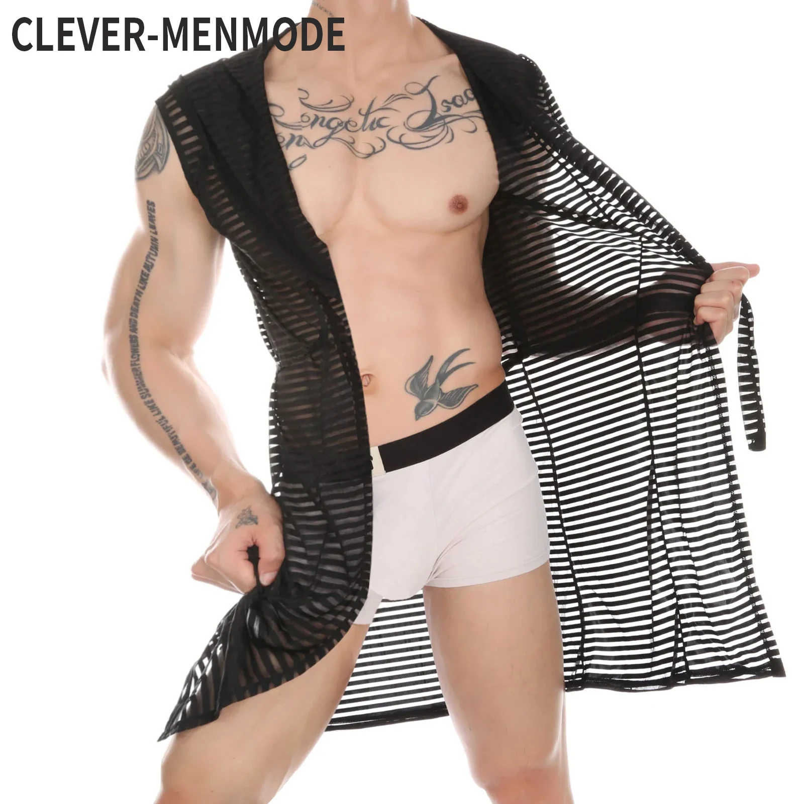 Top Trends: CLEVER-MENMODE Mesh Sheer Robes Men Bathrobe Sexy Long Transparent Nightwear Hooded Homewear Nightgown Kimono Sleepwear Shoppable Styles