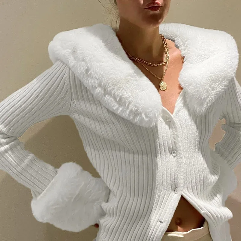 Top Trends: Winter Women's Fur Collar Coat New Long-sleeved Blouse Retro Elegant Fashion Sexy Knit White Blouse Women's Daily Commuting Wear Shoppable Styles