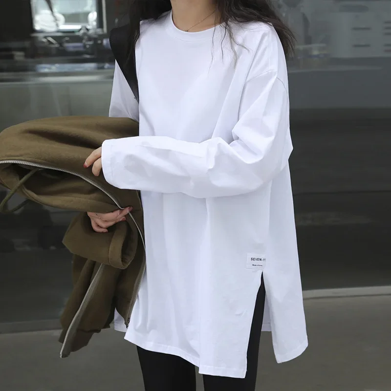 Top Trends: Autumn White Black Tops Women Korean Appliques Split Cotton T-shirt Female Long Sleeve Casual Loose Basic Shirt S-XL Shoppable Styles