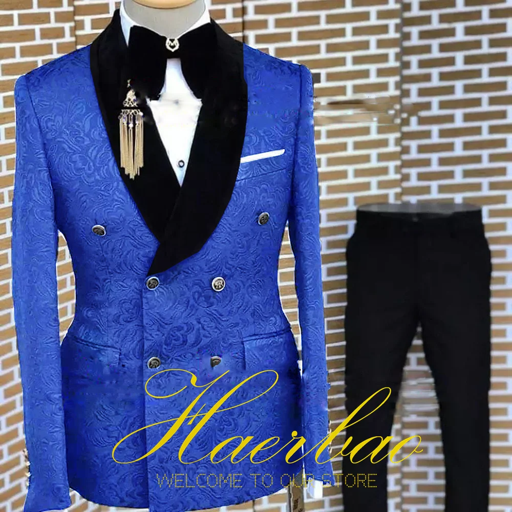 Top Trends: Royal Blue Men&#039;s Suit Wedding Floral Jacket Pants Set Of 2 Double Breasted Blazer For Male Formal Party Clothes Shoppable Styles