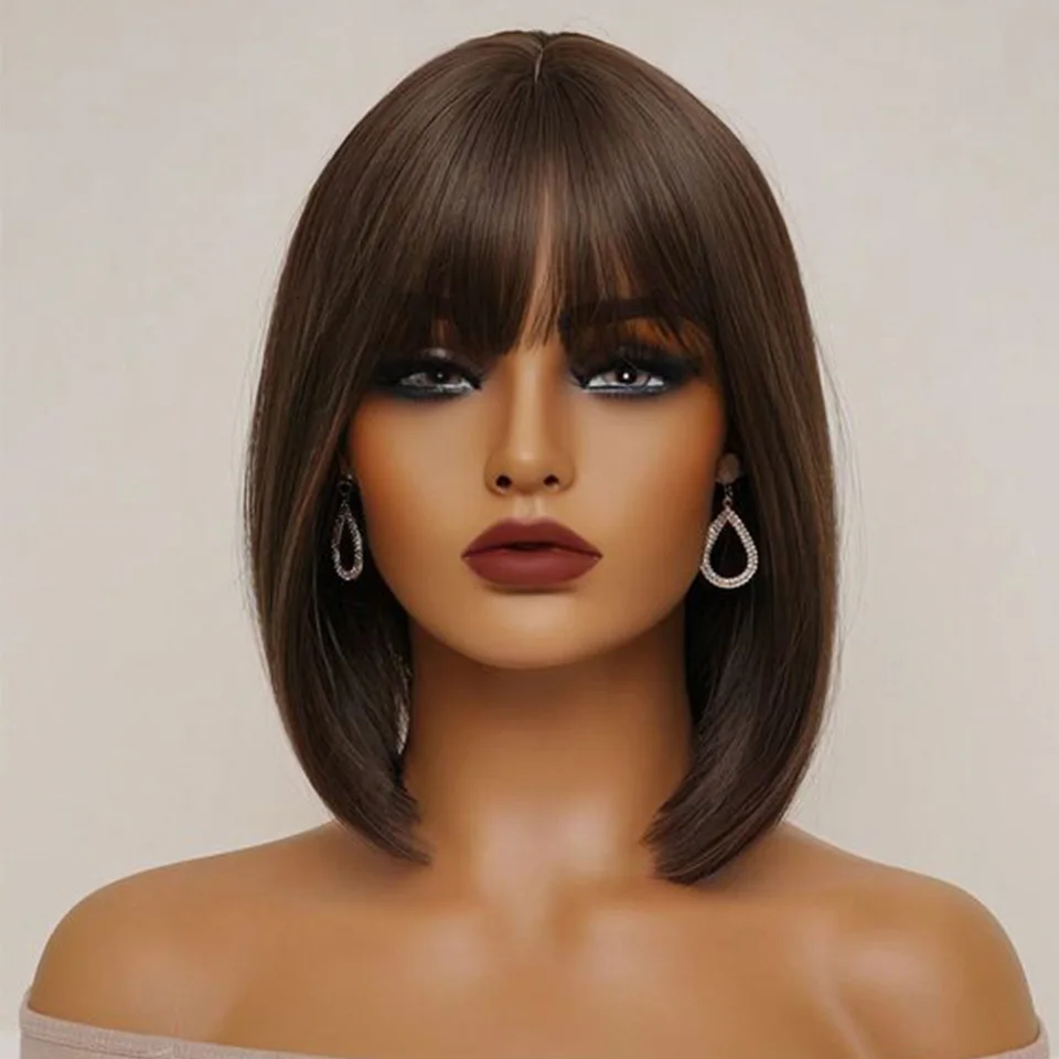 Top Trends: Short Bob Human Hair With Bangs 2 # Highlight Colored Brazilian Hair Wigs 12 Inch Short Brown Straight Bob Woman Wigs Shoppable Styles