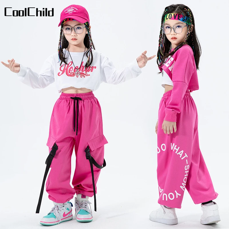 Top Trends: Hip Hop Girls Crop Top Pink Cargo Pants Child Princess Sweatshirt Joggers Streetwear Clothes Sets Kids Street Dance Jazz Costume Shoppable Styles