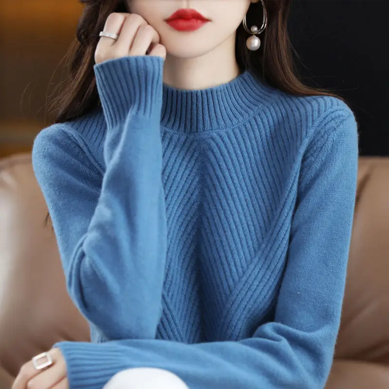 Top Trends: Thickened Half High Collar Various Colors Knitting Sweater Cross Striation Loose Slightly Elastic Long Sleeve Female Pullovers Shoppable Styles - Image 3