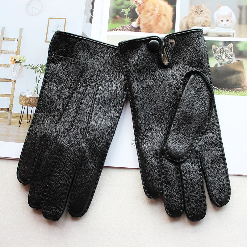 Top Trends: New Hand-stitched Touch Screen Leather Men&#039;s Deerskin Gloves Wool Knit Lining Black Corrugated Driving Gloves Shoppable Styles