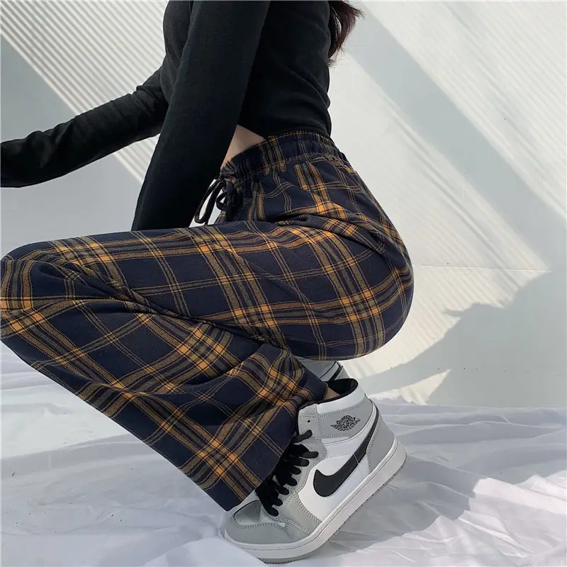 Top Trends: Harajuku Fashion Women Plaid Casual Sweatpants Spring Autumn New High Waist Streetwear Loose All-match Wide Leg Sports Trousers Shoppable Styles