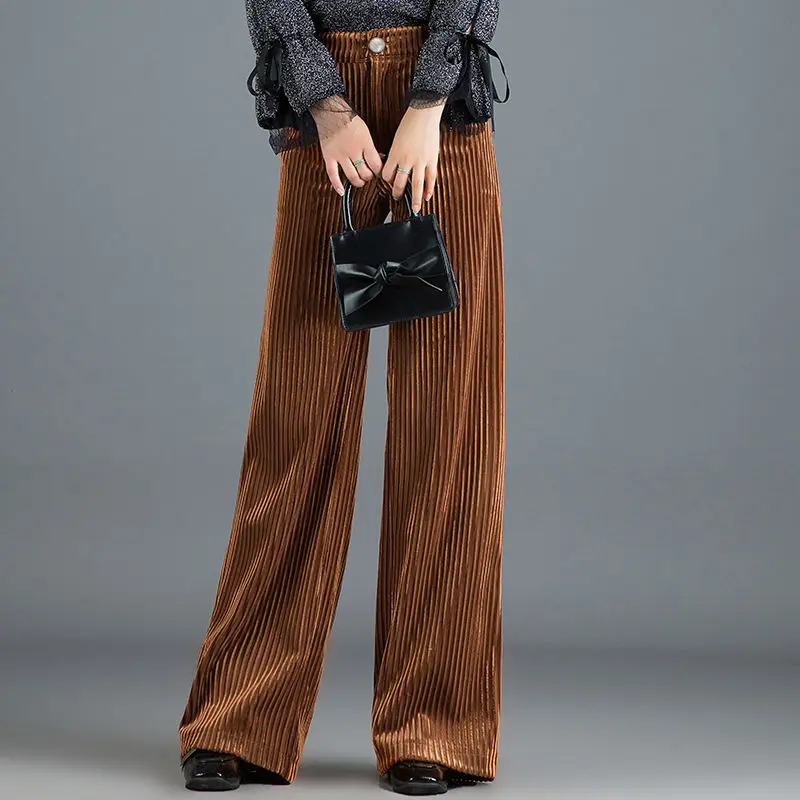 Top Trends: Korean Autumn Winter Fashion Pleuche Straight Pants New Solid All-match Women Elastic High Waist Loose Casual Wide Leg Trousers Shoppable Styles