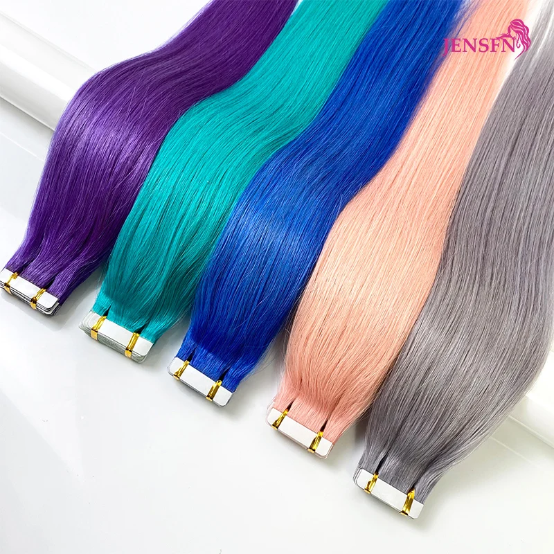 Top Trends: JENSFN Color Straight Tape In Human Hair Extensions 20&quot; Inch For Salon Blue Pink Purple Grey Color For Women Shoppable Styles