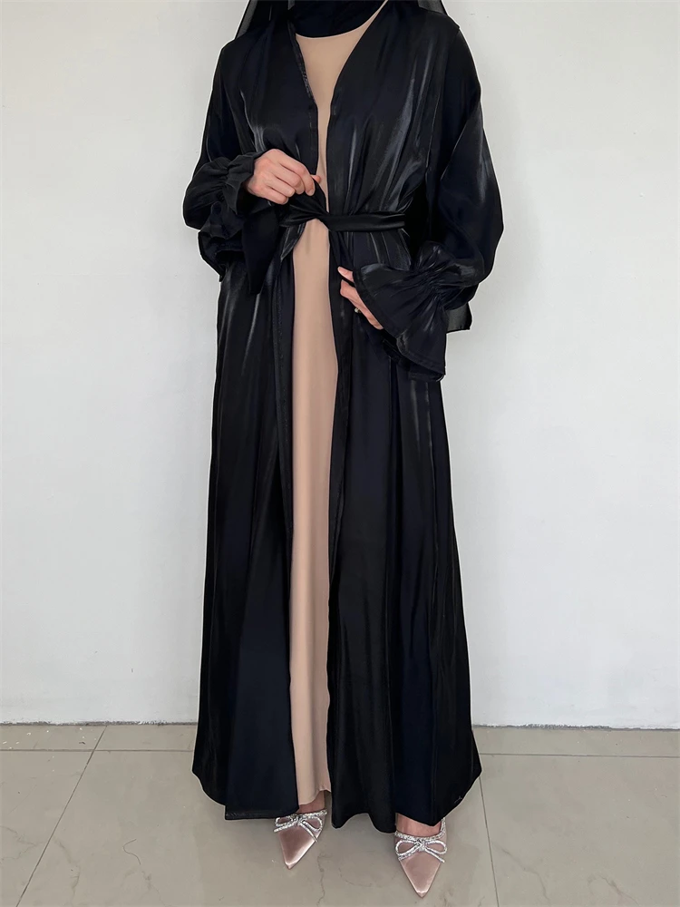 Top Trends: Ramadan Black Satin Muslim Kimono Abaya Turkey Islam Modest Hijab Dress Jalabiya For Women Kebaya Robe Femme Musulmane Kaftan Shoppable Styles