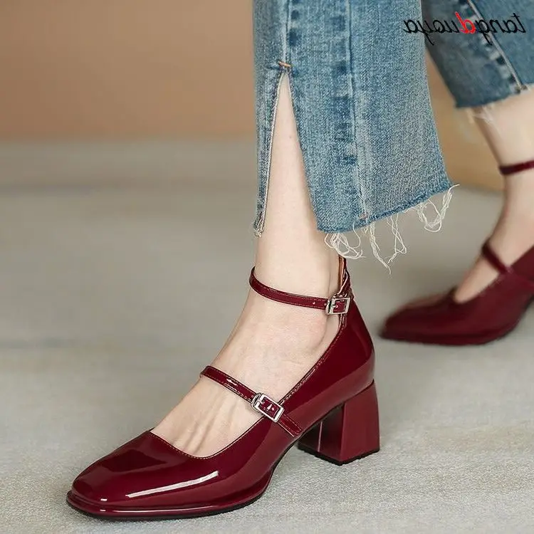 Top Trends: Women Heels Shoes Mary Jane Shoes Woman Pumps Patent Leather High Heels Dress Shoes Red Wedding Shoes Spring 2023 Double Buckle Shoppable Styles