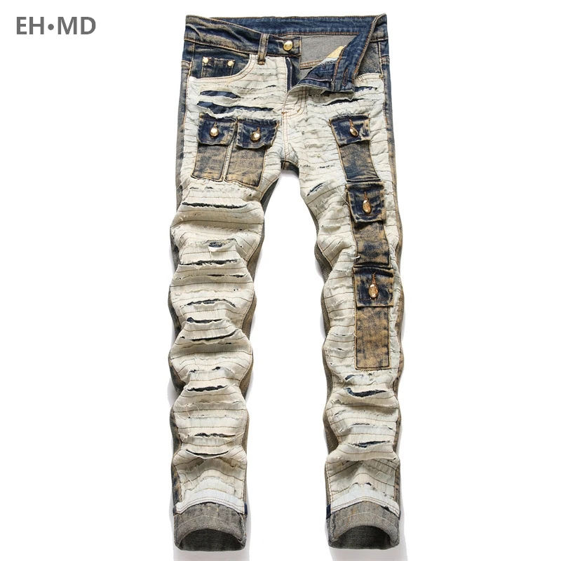 Top Trends: Autumn Multi Pocket Spliced Jeans Men&#039;s Embroidery Scratched High Elastic Leg Pants Worn 3D Wool Zipper Slim Fit Gradient Street Shoppable Styles