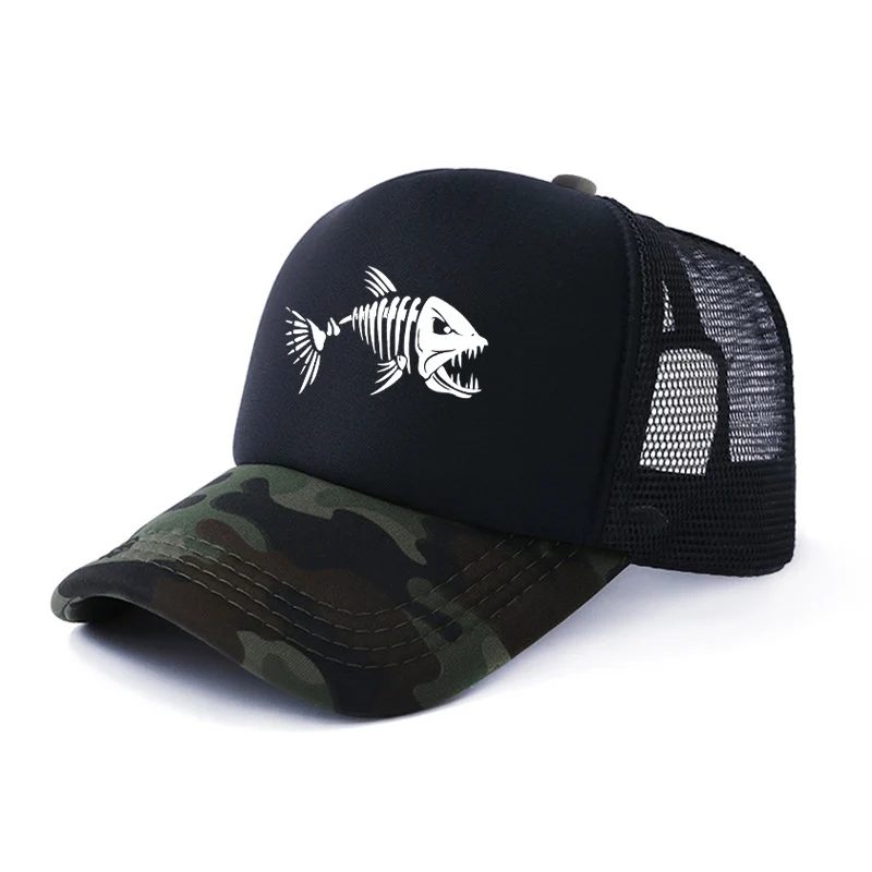 Top Trends: Men Fish Skull Trucker Cap Fishbone Skeleton Fish Bone Baseball Cap Mesh Net Hat Women Brass Buckle Dad Cap Snapback Adjustable Shoppable Styles